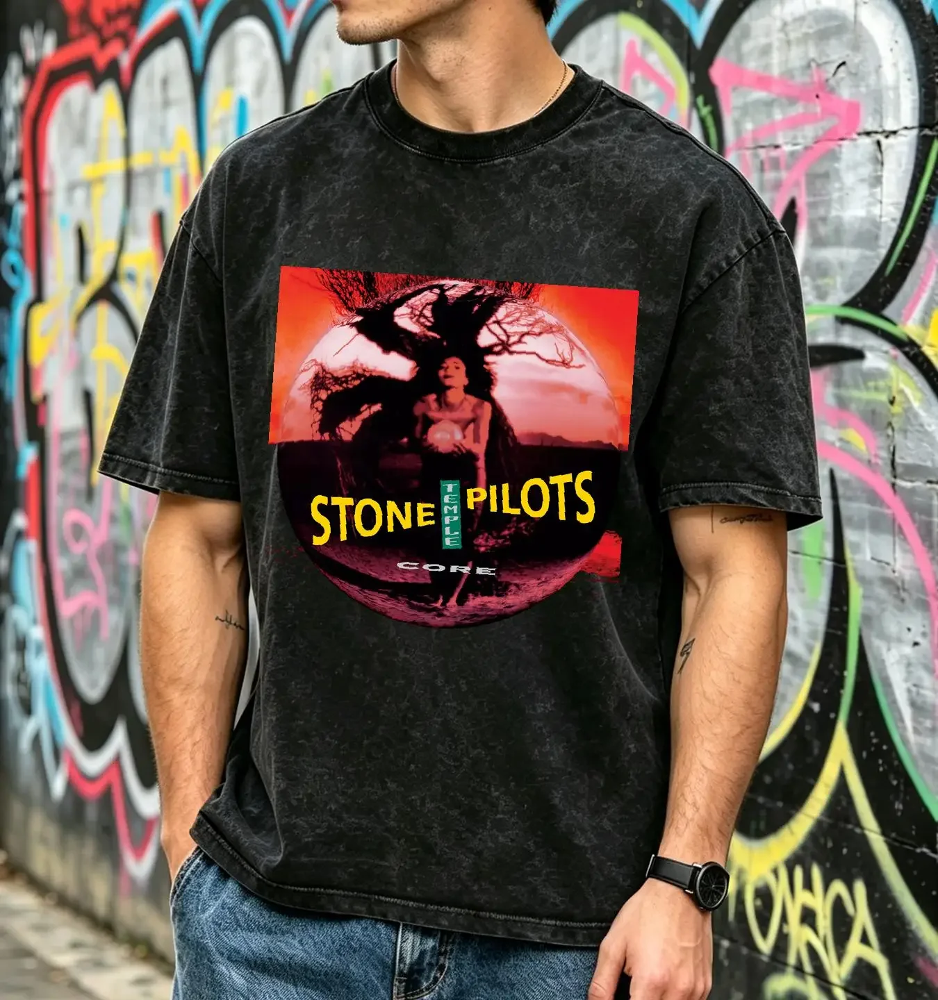 washed T Shirt Cotton Core Stone Temple Pilots Album Dean DeLeo Robert vintage Washed Slightly Casual Soft Stretched