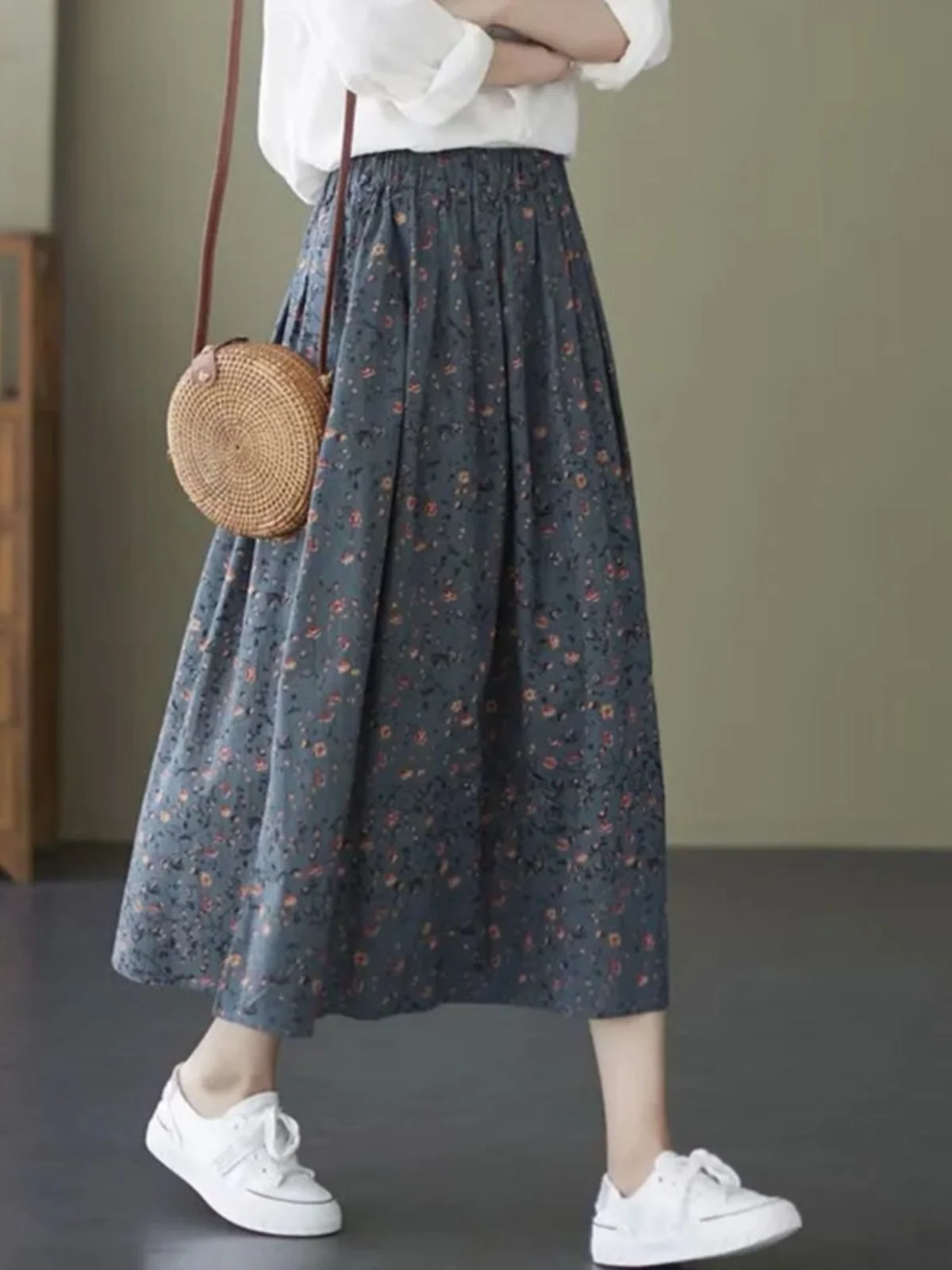 

Юбка миди с высокой талией и цветочным принтом, женская, весна-лето, винтажная, приталенная, длиной до колена, дышащая, из смесового хлопка и льна, А-силуэт