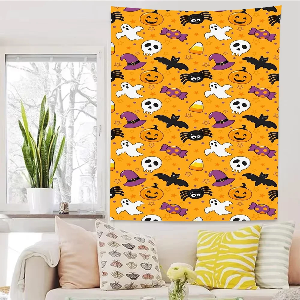 1pc Cute Cartoon Halloween Tapestry Pumpkin Ghost Spider Bat Print Wall Hanging Cool Room Stuff Kids Room Dorm Halloween Party