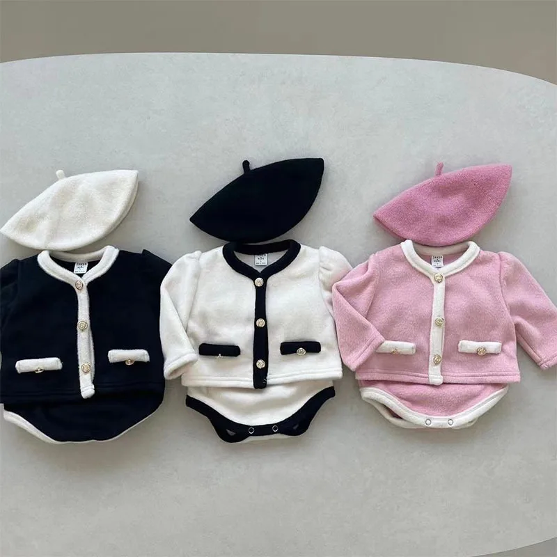 Winter New Baby Girl Long Sleeve Clothes Set Thick Warm Cute Girls Cardigan Jacket + Shorts 2pcs Suit Princess Clothing Outfits