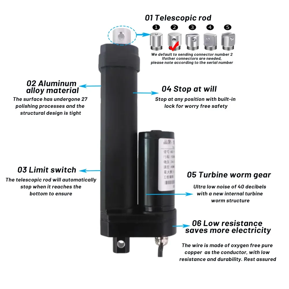 IP68 Waterproof 12V/24V Linear Actuator High Thrust Electric Push Rod 50-800mm Stroke Solar Tracker Motorisation of Door 40mm/s