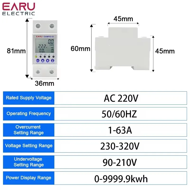 63A 230V Display Adjustable Current Earth Leakage Protection Over Under Voltage Protector Relay Device Energy Power kWh Meter