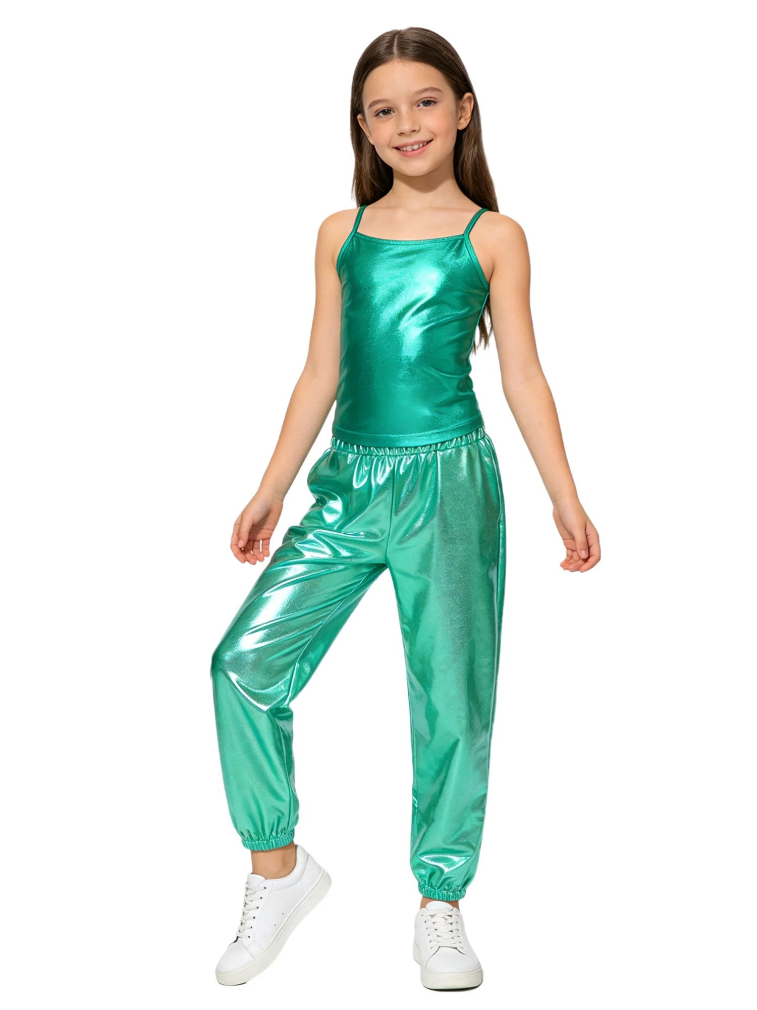 

Girls Kids Dance Costume 2 Piece Set Metallic Camisole Top Shiny Pants for Jazz Dance Stage Performance Competition