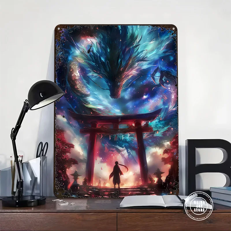 Anime Torii Gate Dragon Printed Poster Customized Wall Art Retro Vintage Metal Tin Signs for Home Gaming Room Decoration Cozy