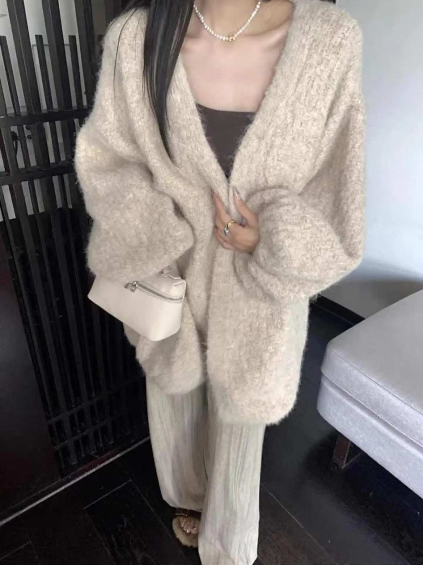 Soft Cozy Pumpkin Sleeve Knitted Sweater Coat Women's Loose Autumn Winter Fashion Thickened Lantern Sleeve Open Cardigan