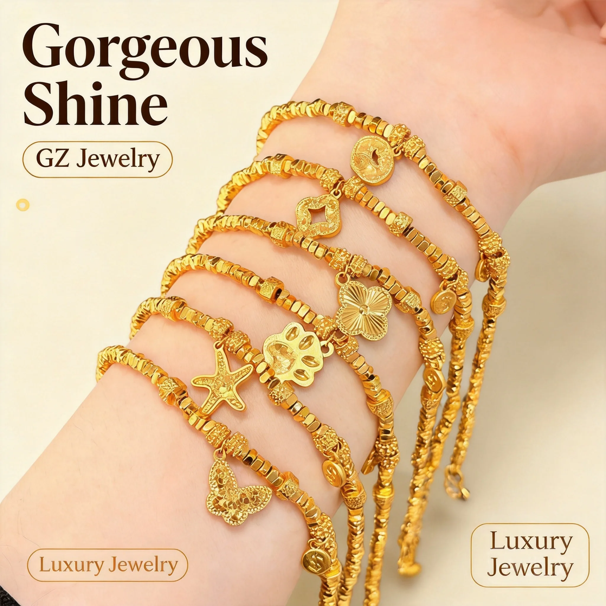 

2026 Chinese Style Sand Gold Beaded Bracelet For Women Cat Paw Butterfly Four Leaf Clover Starfish Coin Charm Light Luxury Fashi