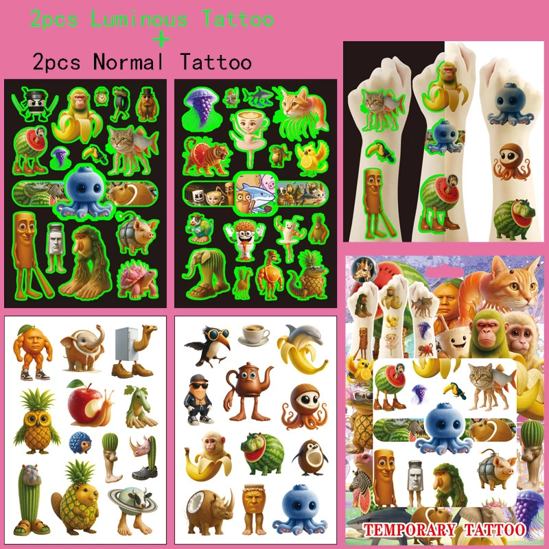 

4Pcs/set Luminous Tung Tung Sahur Italian Brainrot Ai Abstrac Temporary Tattoo Stickers Body Art Tattoo For Party Gifts