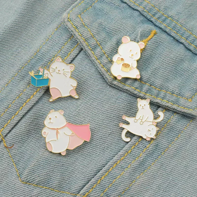 Cartoon Animal Enamel Pin Pink Cape Bear Mouse Cat Game Metal Denim Clothes Button Lapel Badge Jewelry Gift For Friend Wholesale