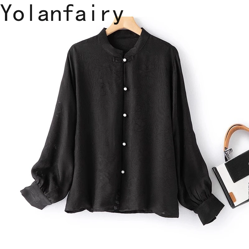 

YOLANFAIRY New 100% Natural Mulberry Silk Long Sleeve Shirts Woman Clothing Jacquard Elegant Ladies Tops Loose Women Black Shirt