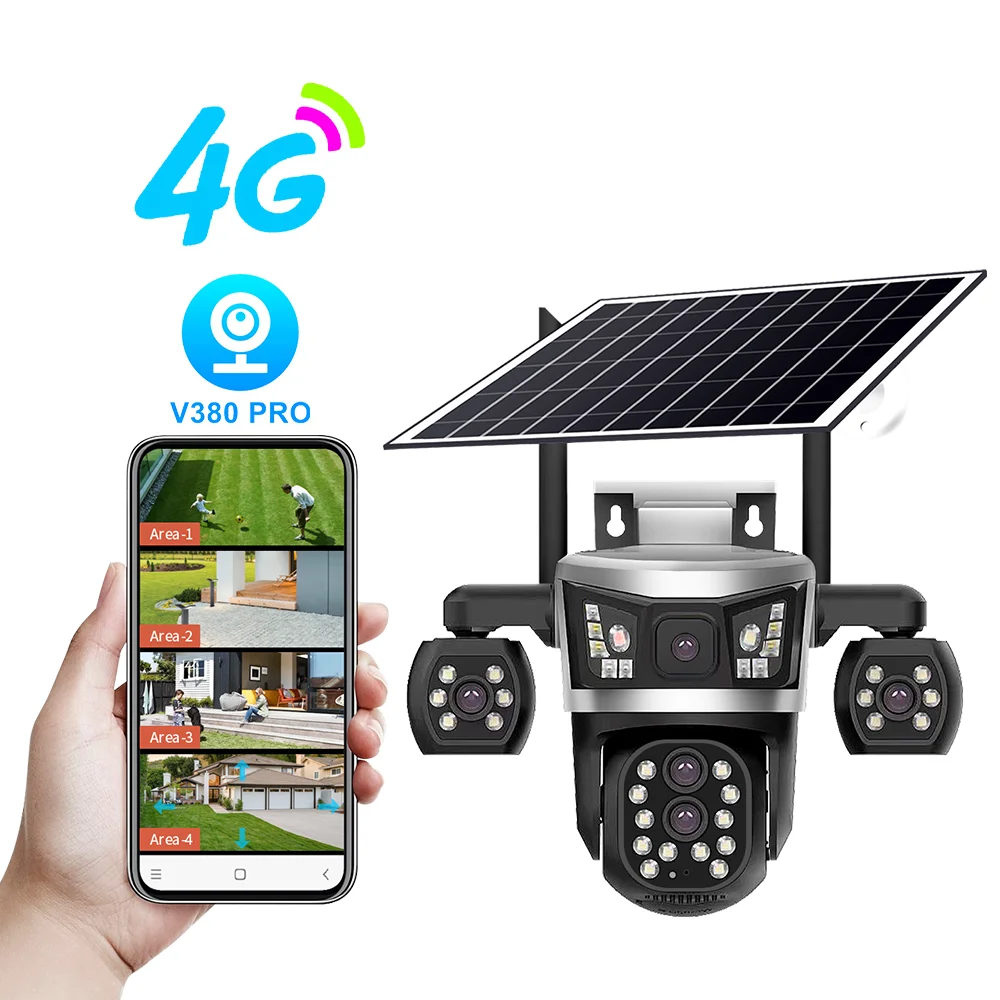 4G SIM Solar-Sicherheitskamera, 16MP 4-Linsen 4-Bildschirm 360° °   PTZ Outdoor WLAN-IP-Kamera, PIR-Erkennung, automatische Verfolgung, Dual-Licht-Nachtsicht, wasserdichtes CCTV