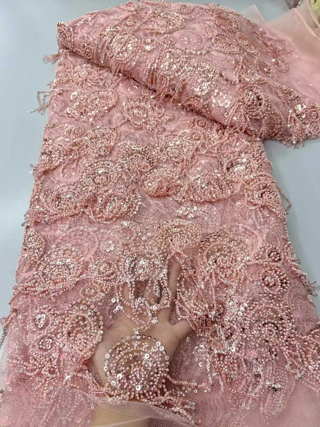 

Latest African Nigerian 3D Beaded Lace Fabric, 2026 High-End French Sequins Mesh Lace Fabric For Women's Wedding Party Dresses