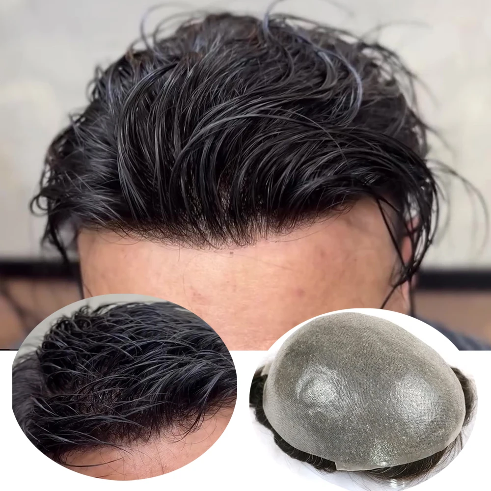 Men Human Hair Toupee 0.04mm Thin Skin Base Breathable PU 90% Density Natural Hairline 8x10Men Hair Replacement System Easy Wear