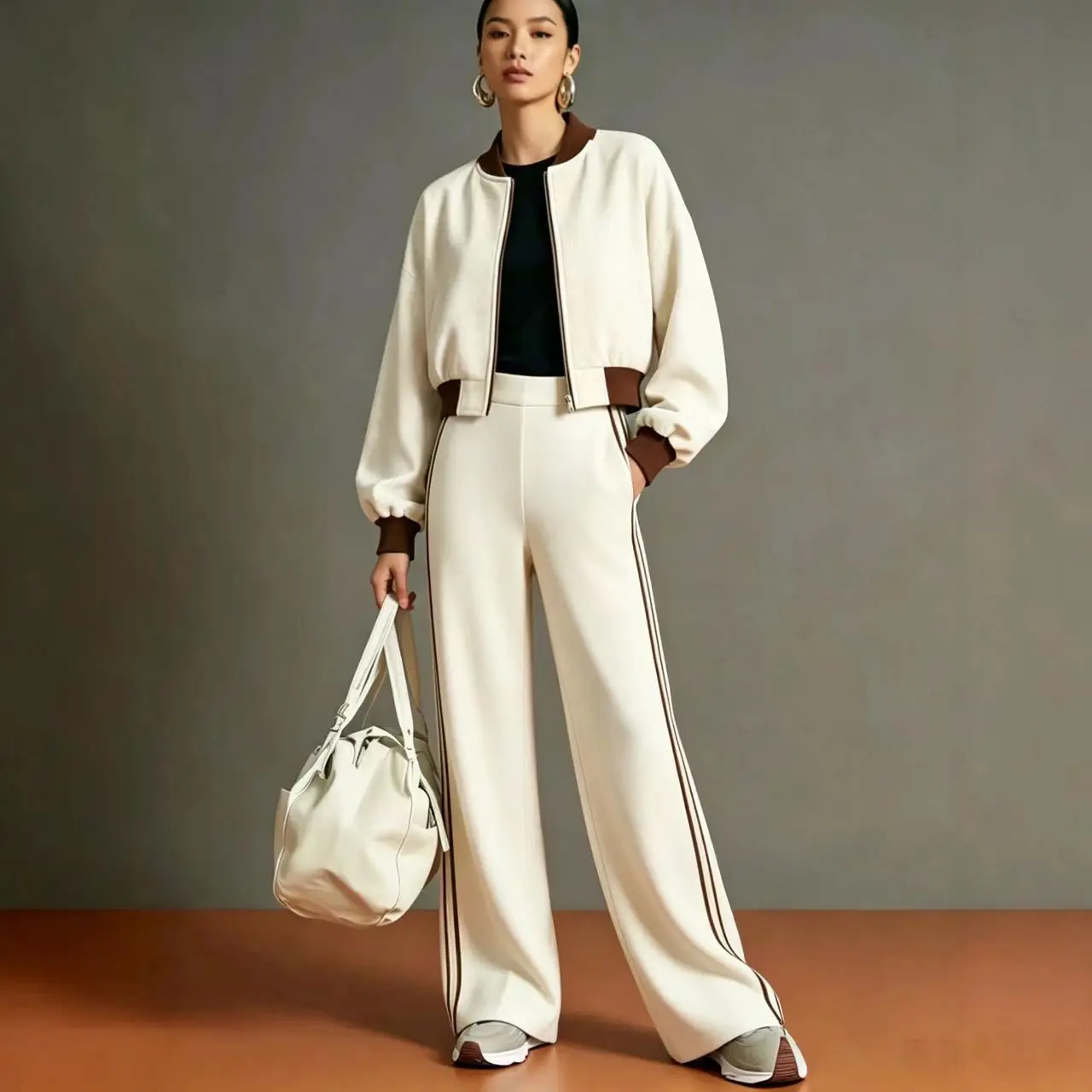 XXOWENLI 2 Piece Tracksuit Set Women's Casual Zipper Cardigan Jacket+Side Stripe Wide Leg Pants Set Autumn Sports Matching Suit