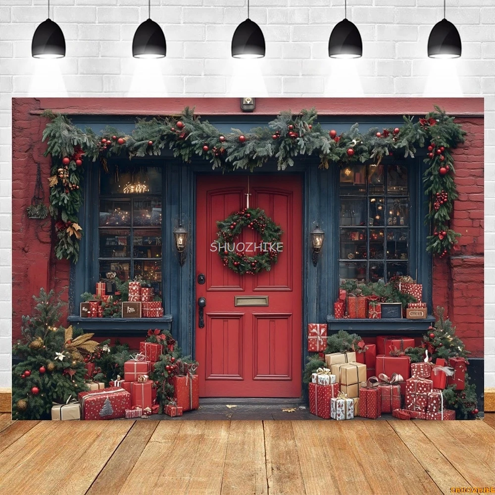 متجر هدايا عيد الميلاد التصوير خلفية الثلوج شجرة عيد الميلاد الهدايا متجر نافذة الباب إكليل الاطفال صورة التصوير خلفية ديكور