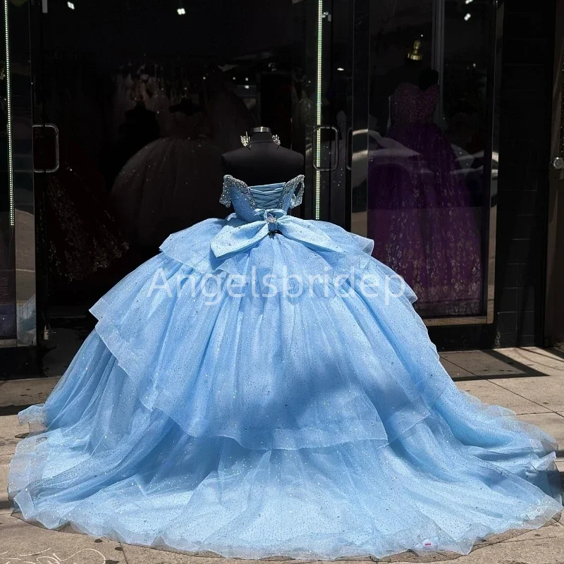 Angelsbridep-Vestido azul céu brilhante princesa Quinceanera fora do ombro, espartilho em camadas de cristal, 16 vestidos, 15 anos