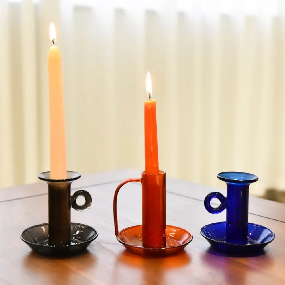 Nordic Vintage Glass Candle Holder with Ring Handle Colored Taper Candle Stand with Drip Tray  Minimalist Home Wedding Ornament