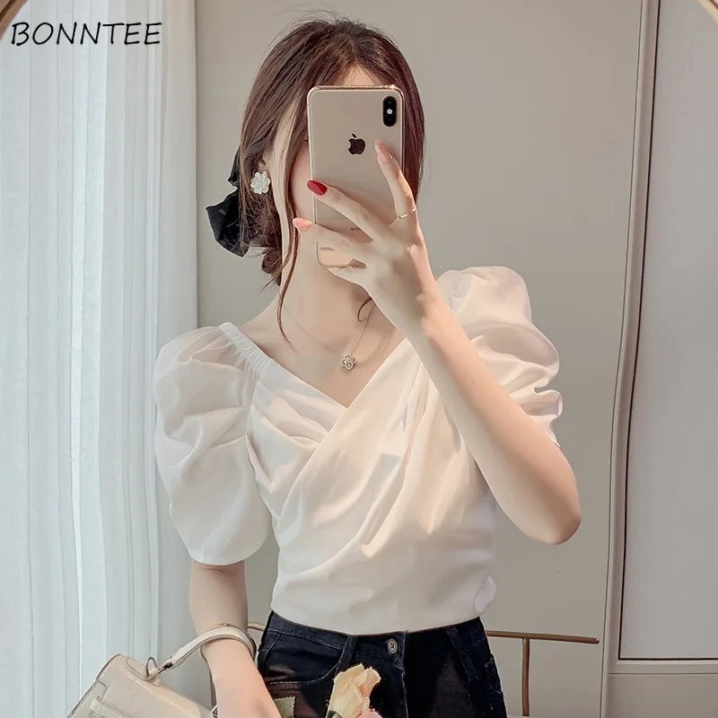 Bandage Blouses Women V-neck Slim Elegant Females Vintage Summer New Arrival Trendy Leisure Crop Tops Mujer Korean Style Stylish