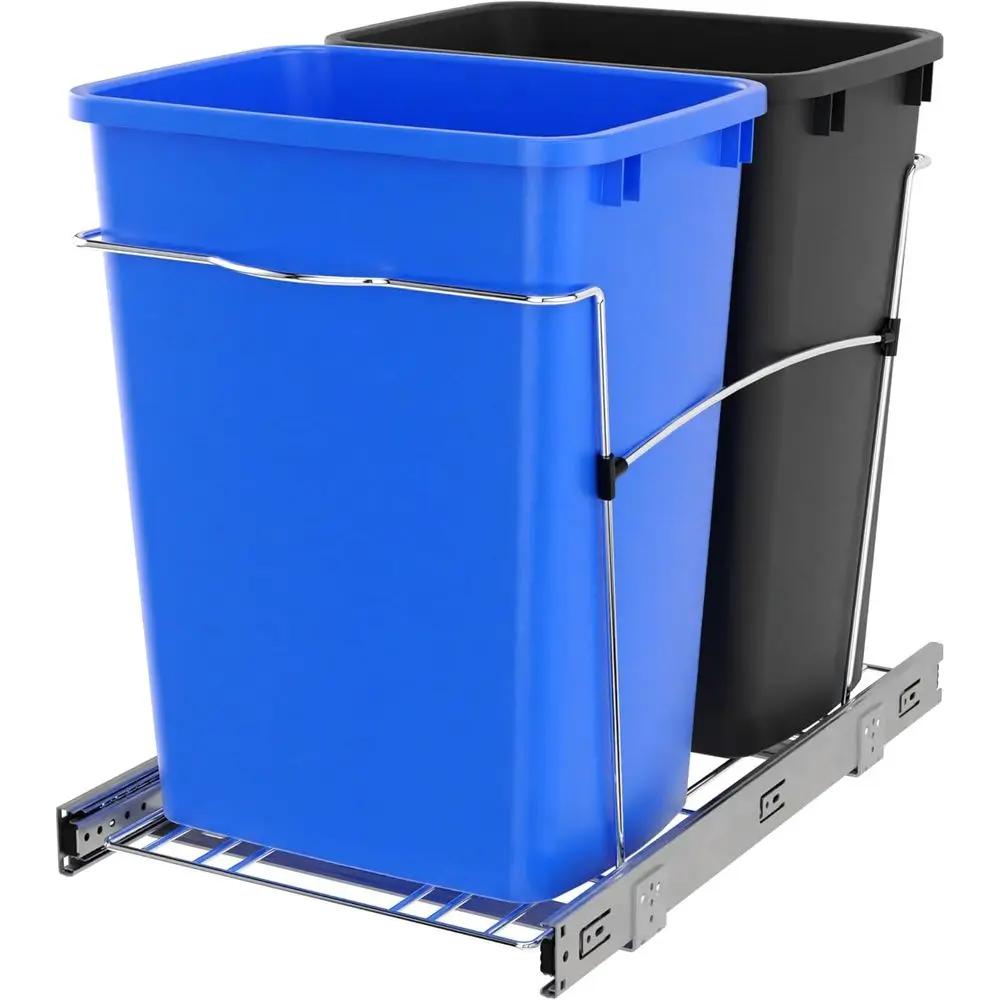

Double Pullout Trash Can with 35 Quart Recycling Bin, Blue/Black, on Full Slides
