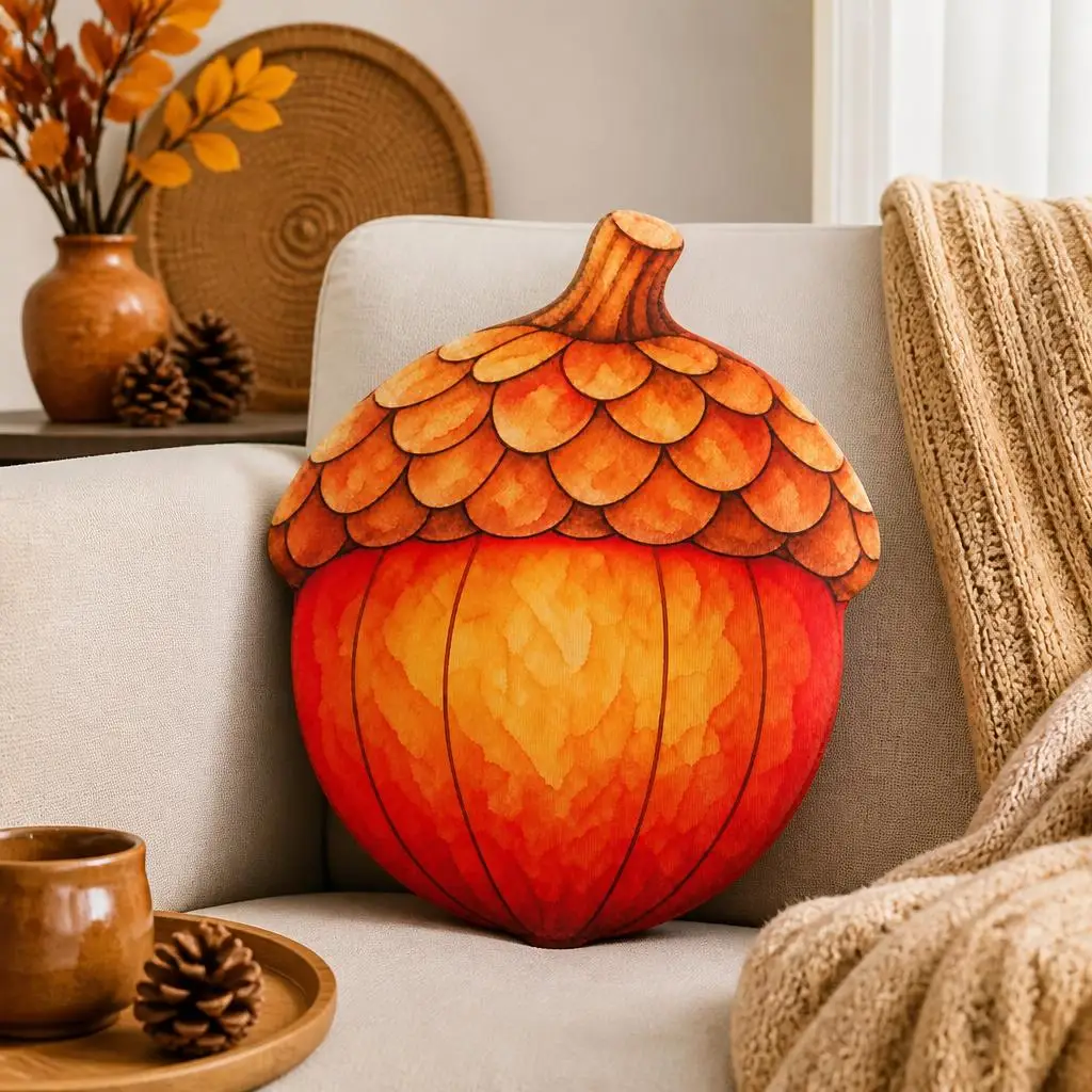 2D Flat Autumn Acorns Plush Pillow Thanksgiving Throw Cushion Irregular Stuffed Fall Harvest Seasonal Home Decor Accent Gift