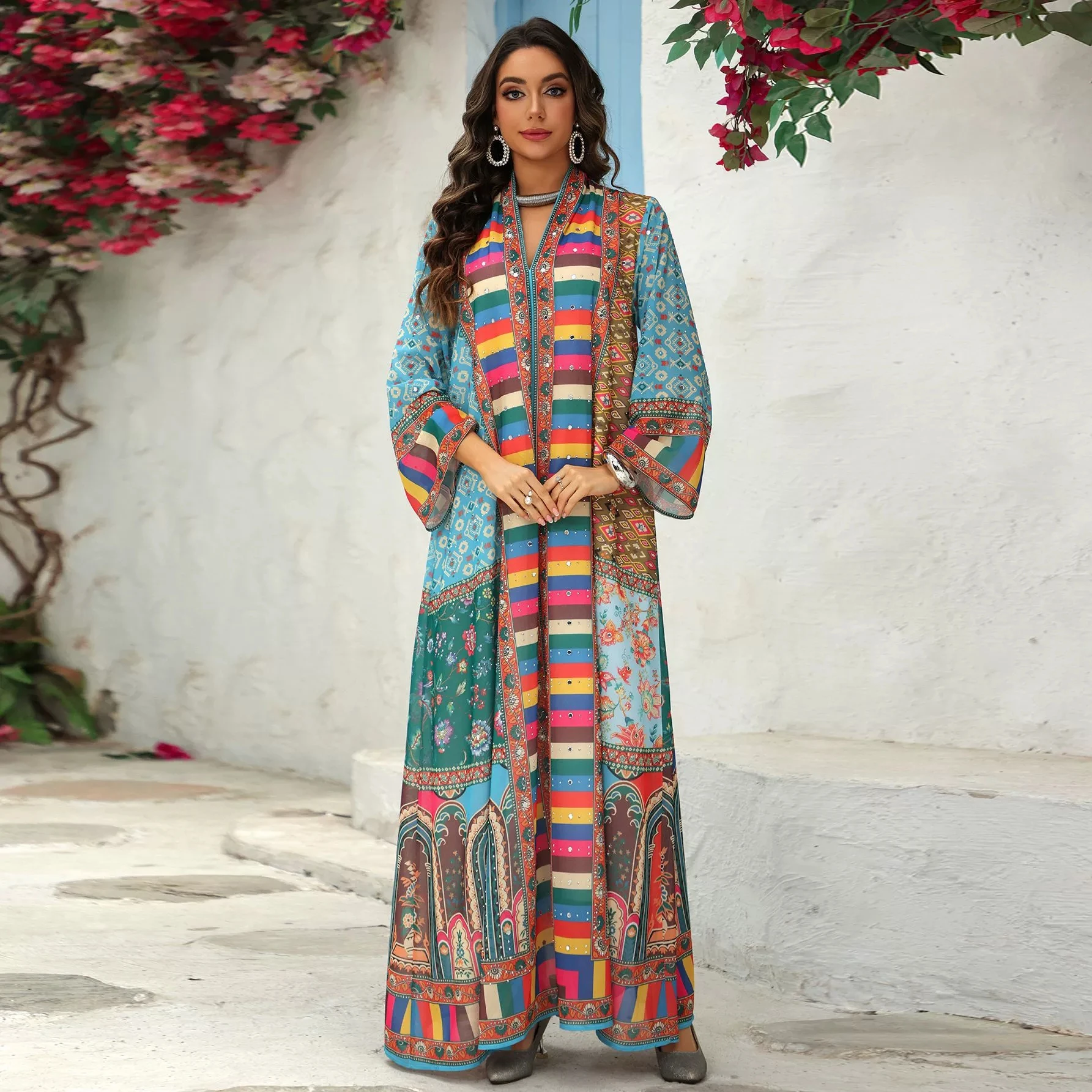 

New Ramadan Middle East Dubai Saudi Arabia Printed Robe Muslim High end Fashion Hot Diamond Chiffon Large Size Dress in Stock