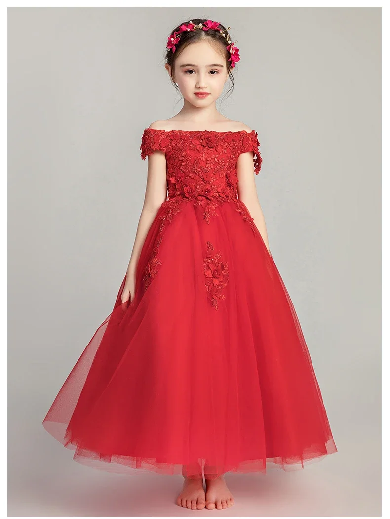 

Off Shoulder Embroidery Flower Princess Girl Dress Wedding Birthday Party Dresses Toddler Girls Pageant Costume Communion Gown