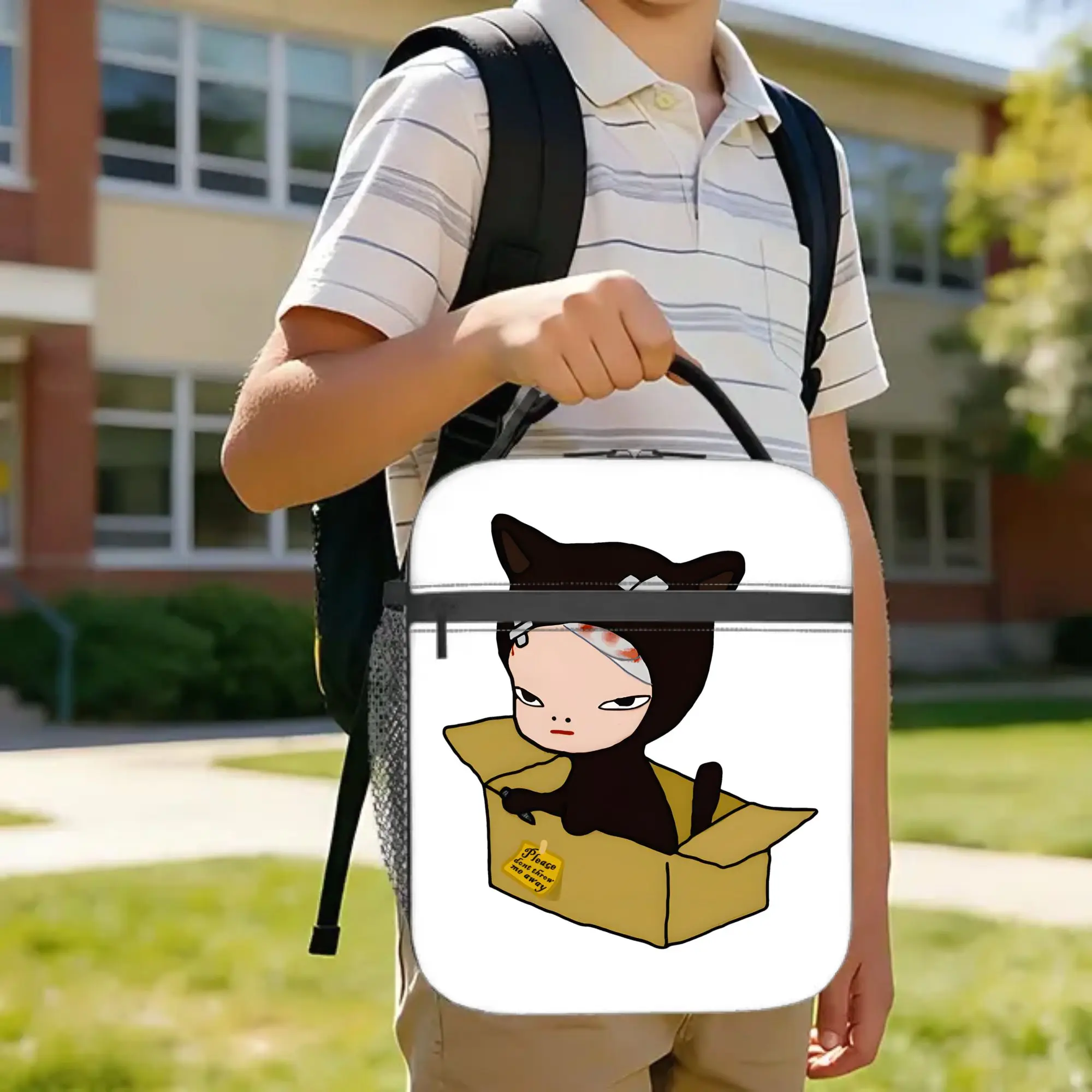 Cat Please Dont Throw Nara  Insulated Lunch Bag Portable Yoshitomos Meal Container Thermal Bag Lunch Box Tote Food Handbags