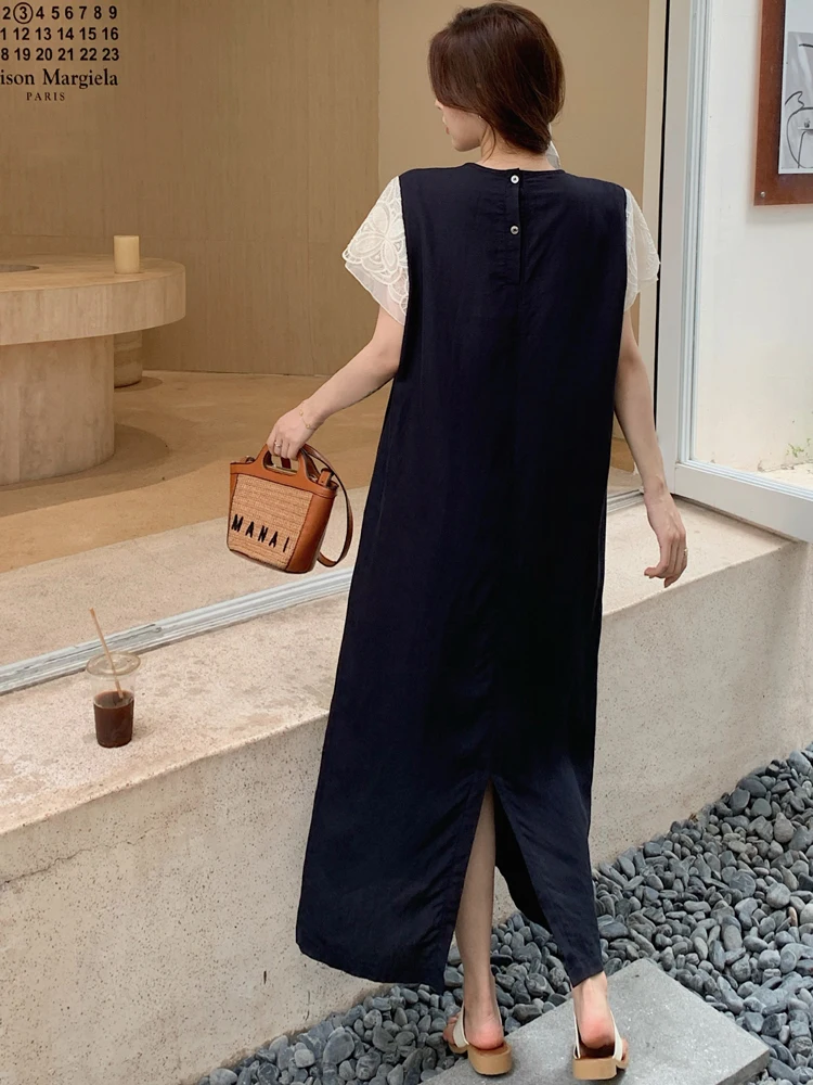 فستان نسائي مقاس كبير من NYFS لصيف 2025 فساتين طويلة فضفاضة مرقعة من الدانتيل رداء Elbise بأكمام قصيرة على الطراز الكوري #5