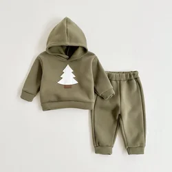 Winter New Baby Clothes Set Hooded Tracksuit Christmas Tree Boys Kids Clothing Girls Thickening Plush Winter Warm Cotton Suit