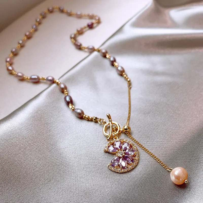 New Arrival Sweet Shiny CZ Zircon Flower Natural Freshwater Pearl 14K Gold Filled Female Pendant Necklace Jewelry For Women Gift