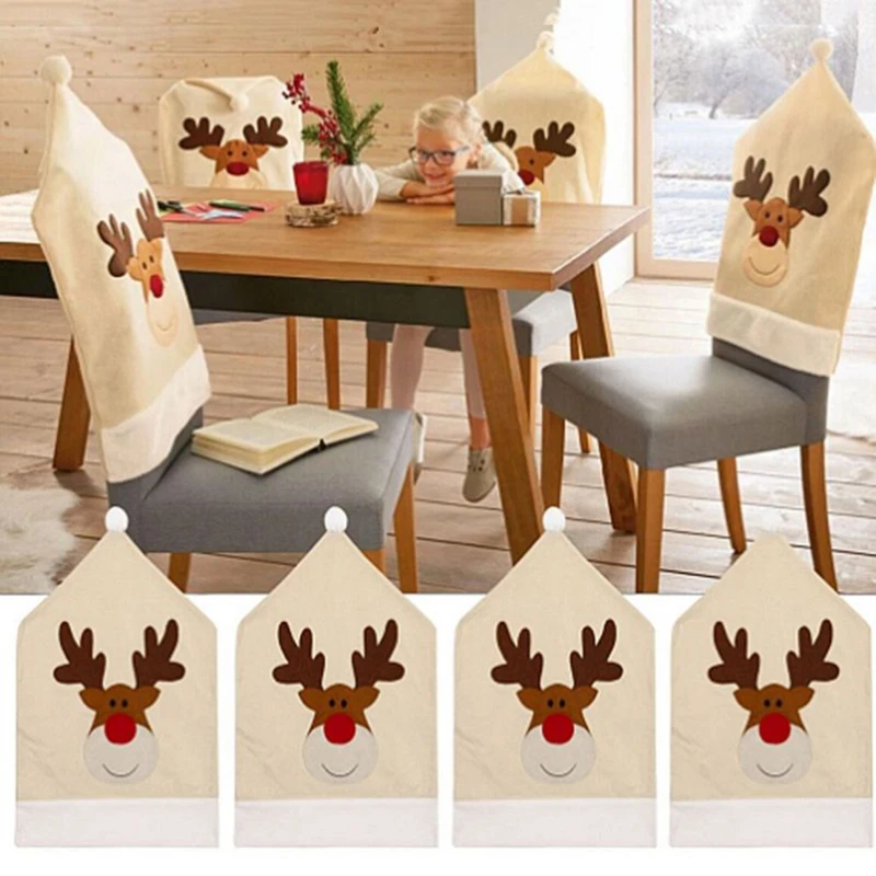 Christmas Chair Cover High Quality Dinner Table Party Red Cap Chair Back Covers Deer Hat Elk Xmas Decoration Holiday Supplies