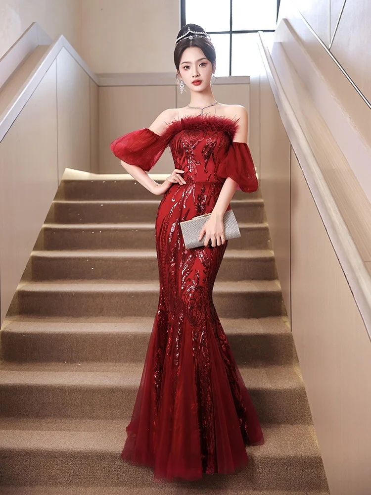 

Ele Red Wedding Dr with Train for Bride Engagement Par Host Fi Tail Skirt High End Luxury New 2025 Sle