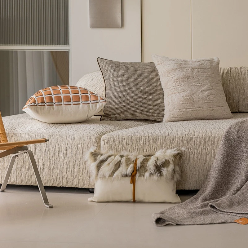 

Nordic Orange Light Luxury Cushion Cover PU Leather Patchwork Throw Pillow Covers Modern Living Room Decorative Pillows for Sofa