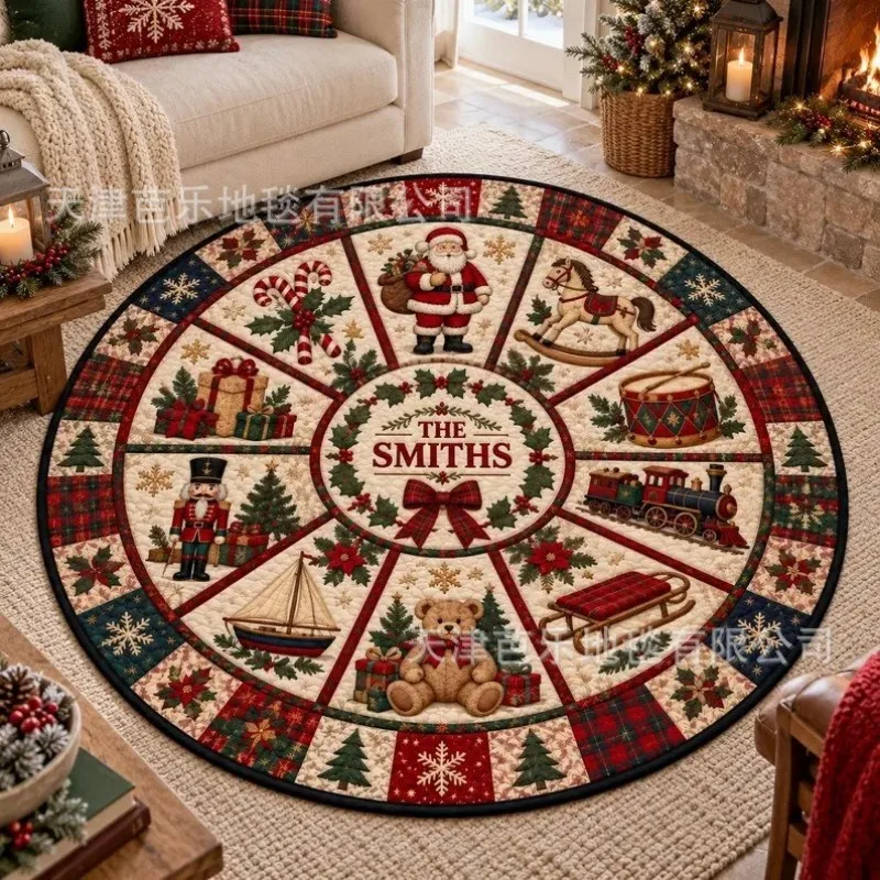 VIKAMA Green Snowman Family Grandma Grandpa House Round Rug Dirt Resistant Non Slip Living Room Holiday Bedroom Porch Home Decor