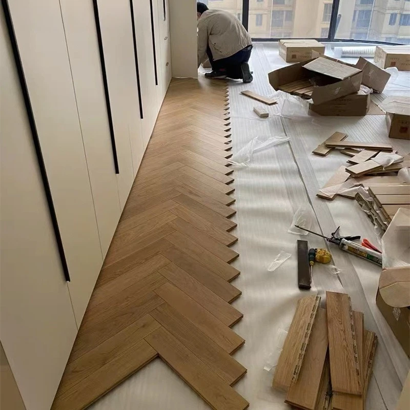

Solid wood floor, oak style household cream multi-layer three-layer floor heating new herringbone spell