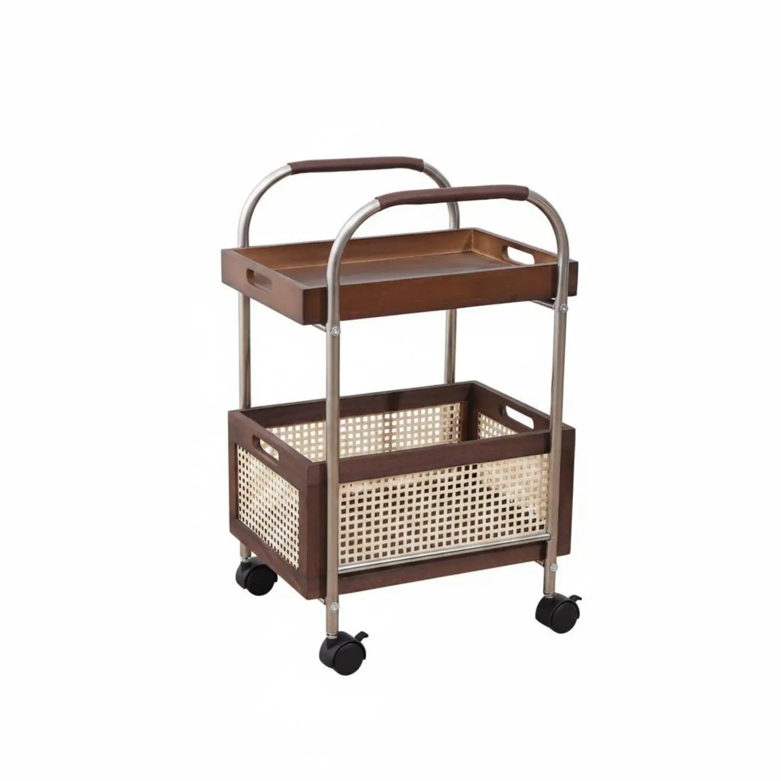 Two-tiered, mobile shelving system on casters, stainless steel frame