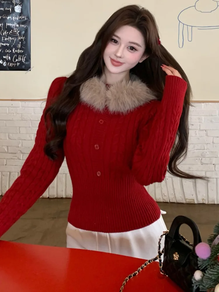 

Christmas Knitted Sweater Women's Faux Fur Collar Warm Korean Style Retro Inner Shirt New Year Atmosphere Female Fashion