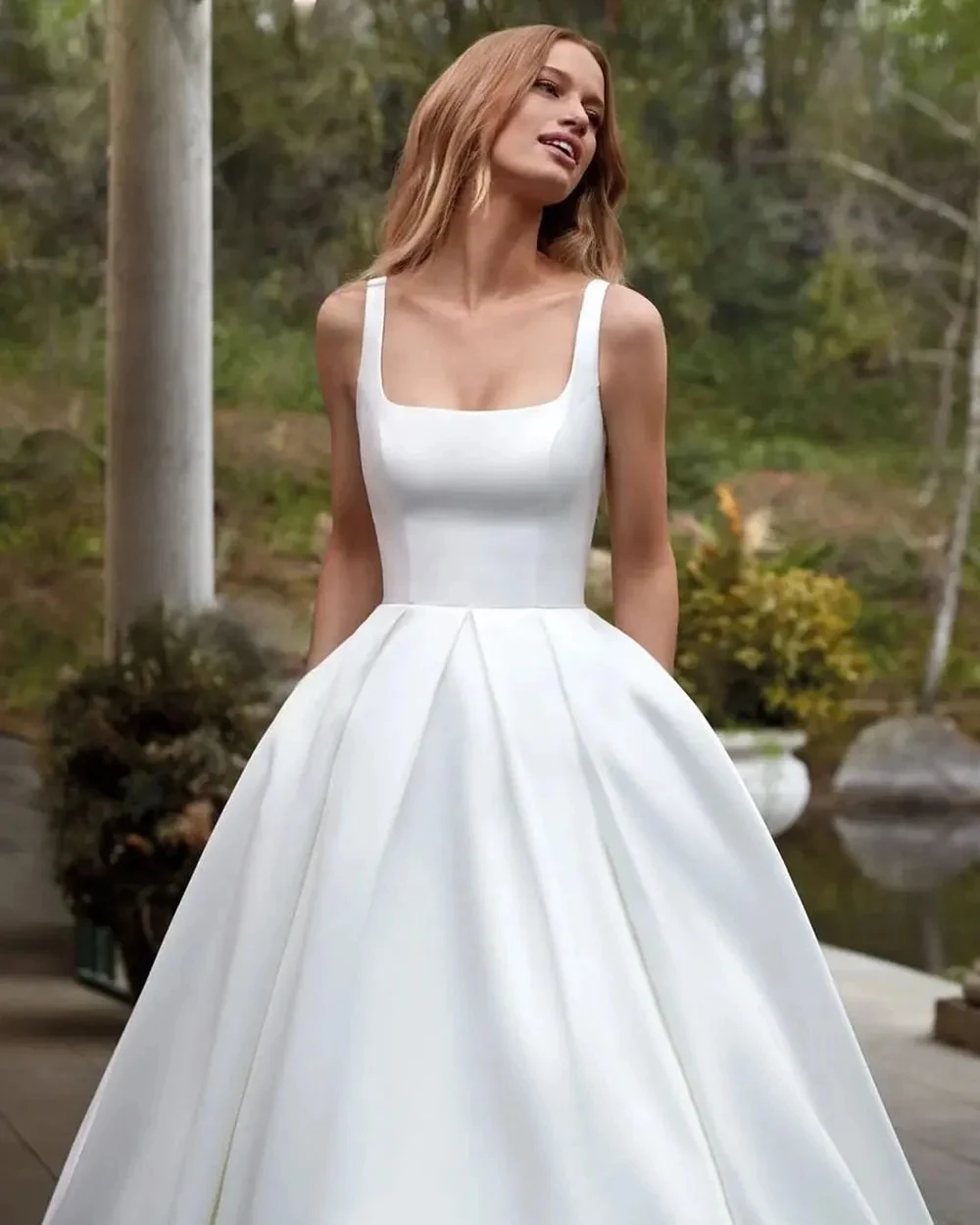 Vestido de novia sencillo de satén, traje elegante con bolsillo, tirantes finos, espalda, medida personalizada, impresionante