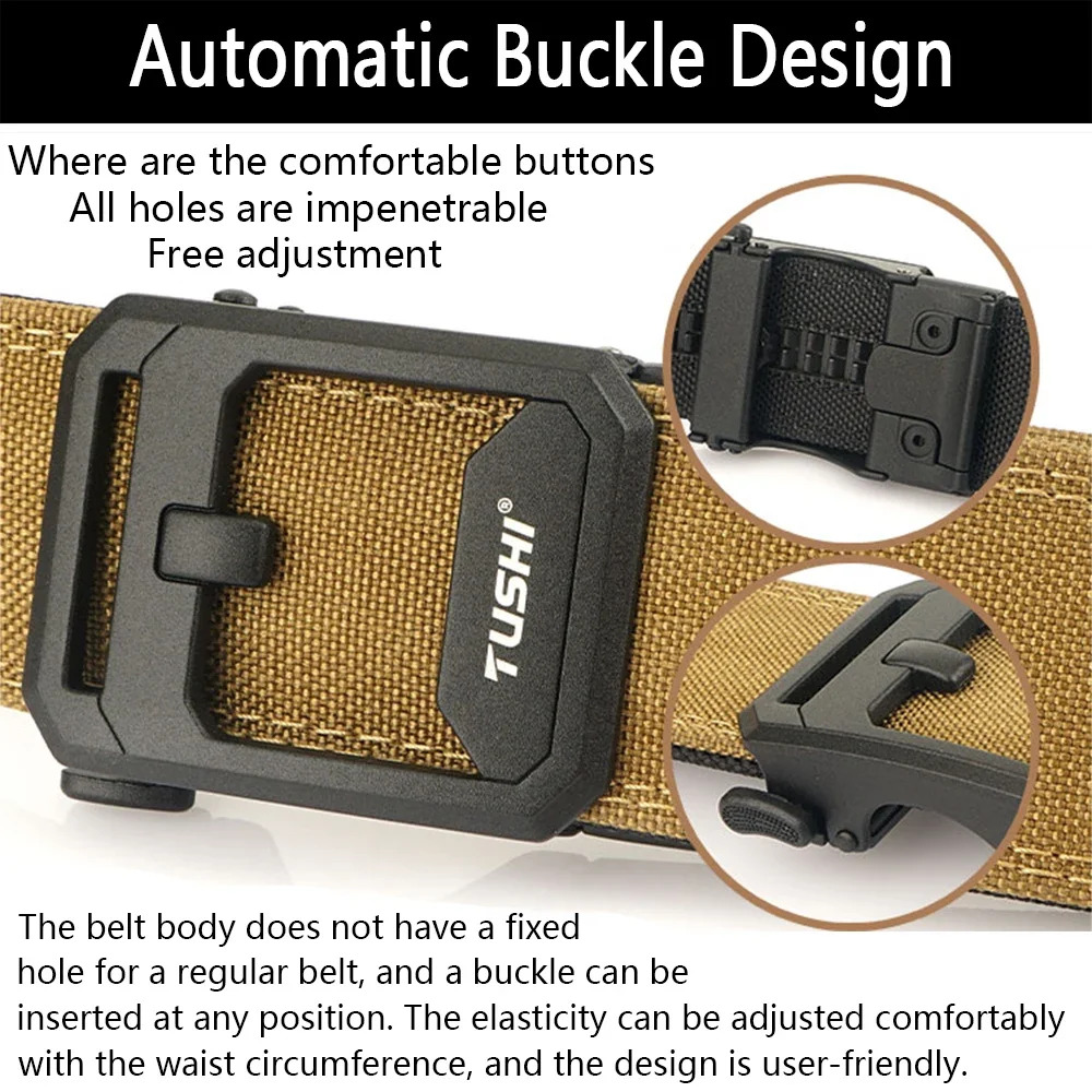TUSHI Brand 4.3CM Wide Double-layer Reinforced Automatic Buckle Shooting Training Quick Hanging Pistol Mens Belt Nylon Outdoor