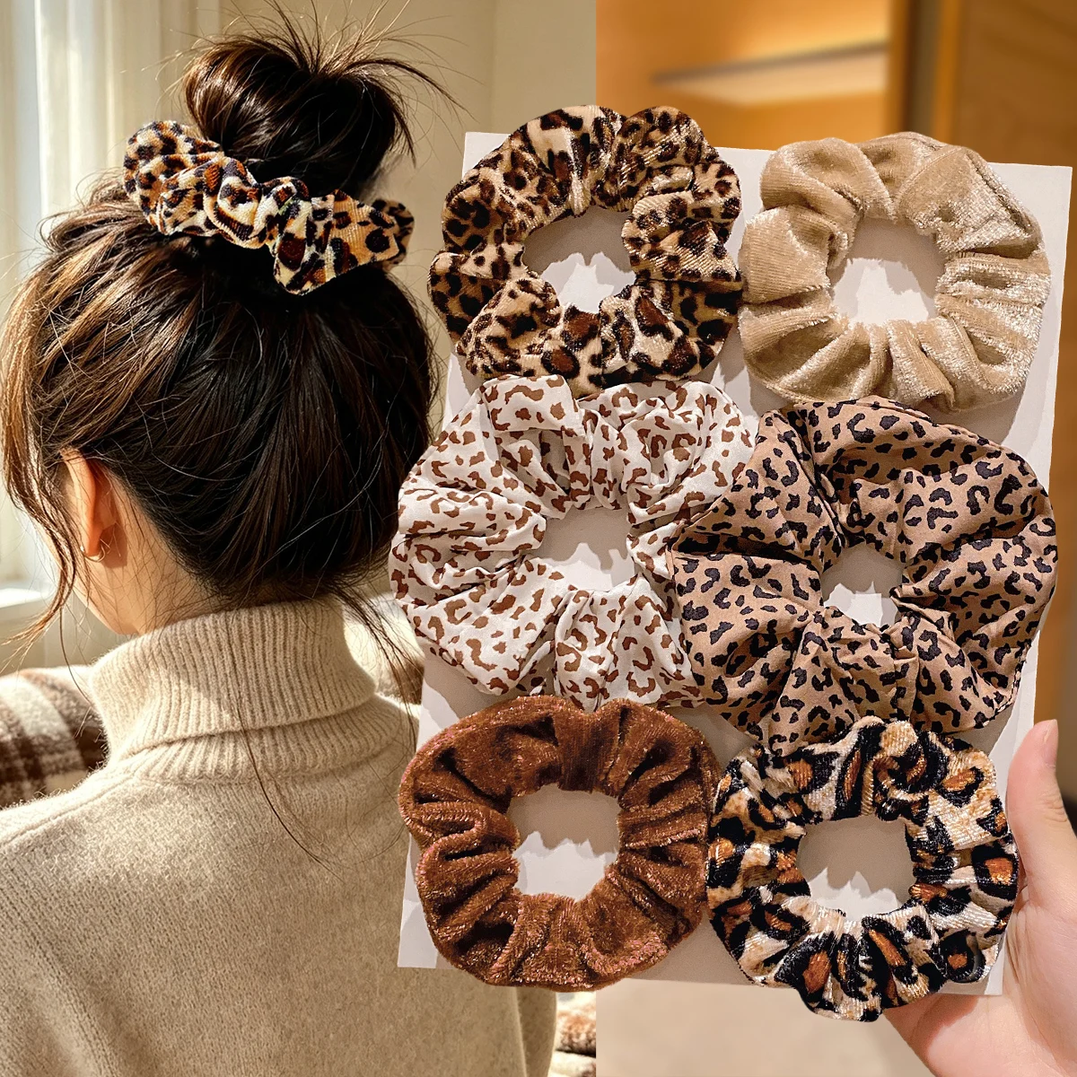 6Pcs Leopard Velvet Scrunchies, Vintage Elegant Hair Ties for Daily Party Date, Bun Hair Accessories