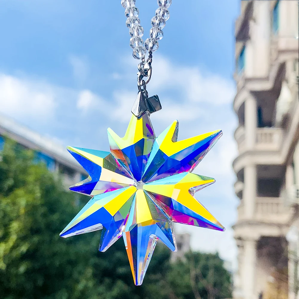 Rainbow Color Snowflake Crystal Faceted Prism Hanging Sun Catcher Chandelier Lighting Car Ornament Wedding Decoration