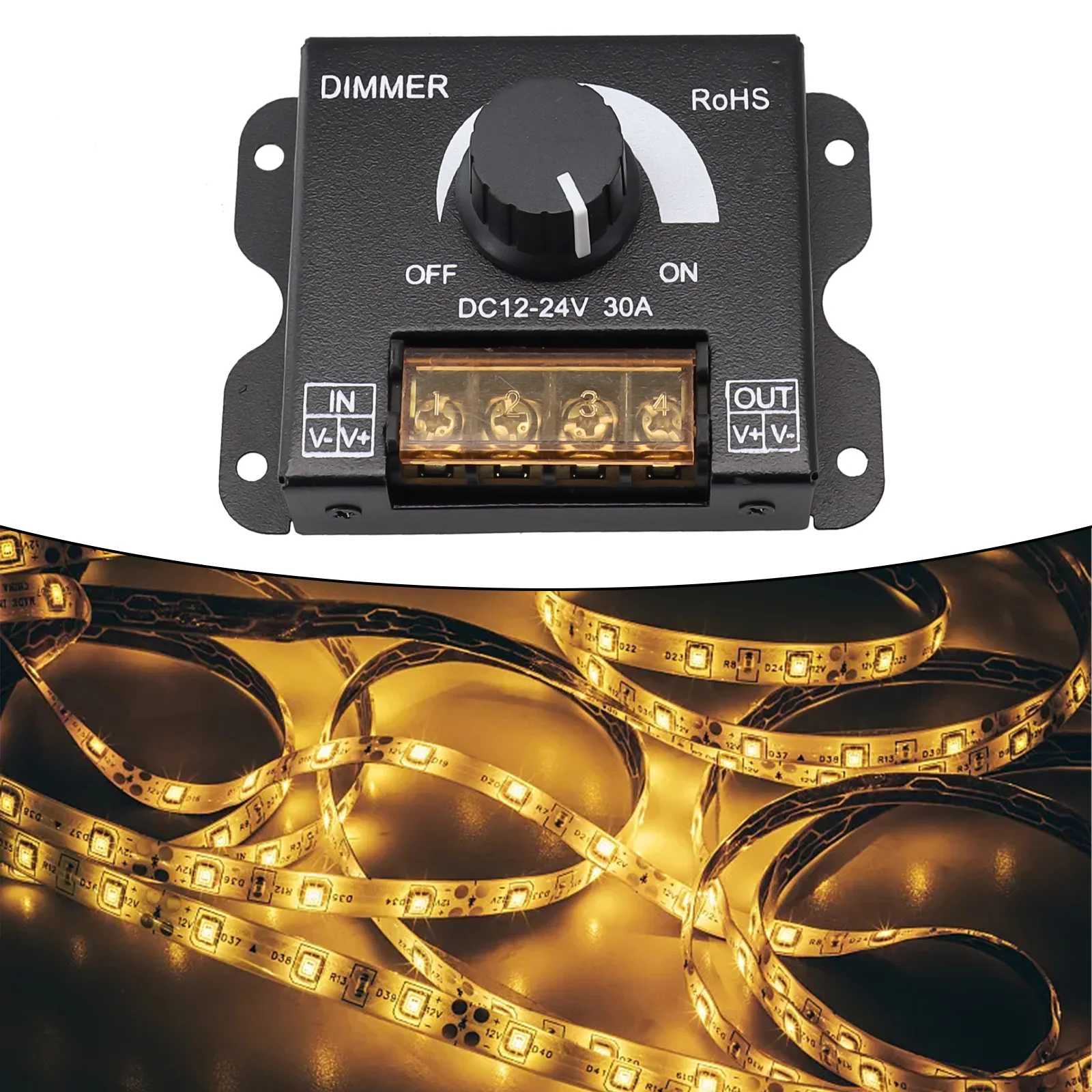 Strip Light Controller Switch with Dimmer Knob 30A 360W for DC 12V 24V Single Channel Lighting Projects with Aluminum Housing