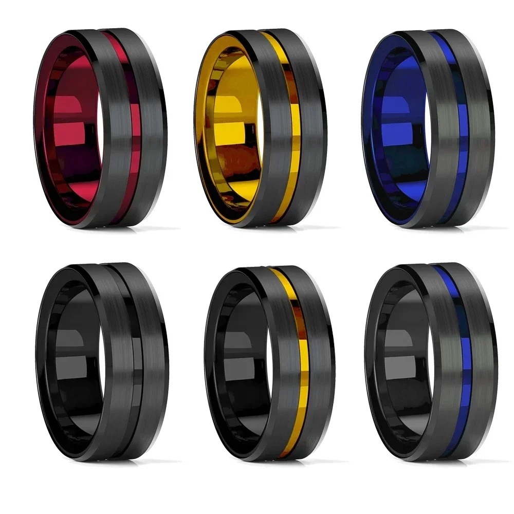 Fashion Men's 8mm Black Tungsten Wedding Rings Red Gold Groove Beveled Edge Brick Pattern Brushed Stainless Steel Rings For Men