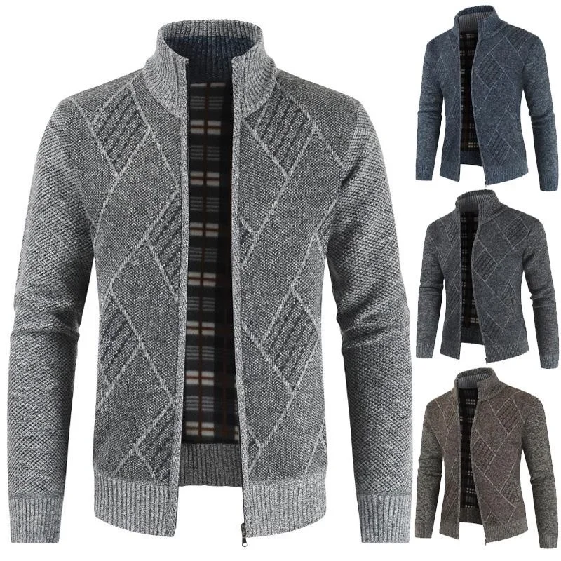 

Autumn Winter Mens Knitted Cardigan Coat in Korean Version of Slim Fit and Trendy Sweater Diamond Pattern Male Jacket