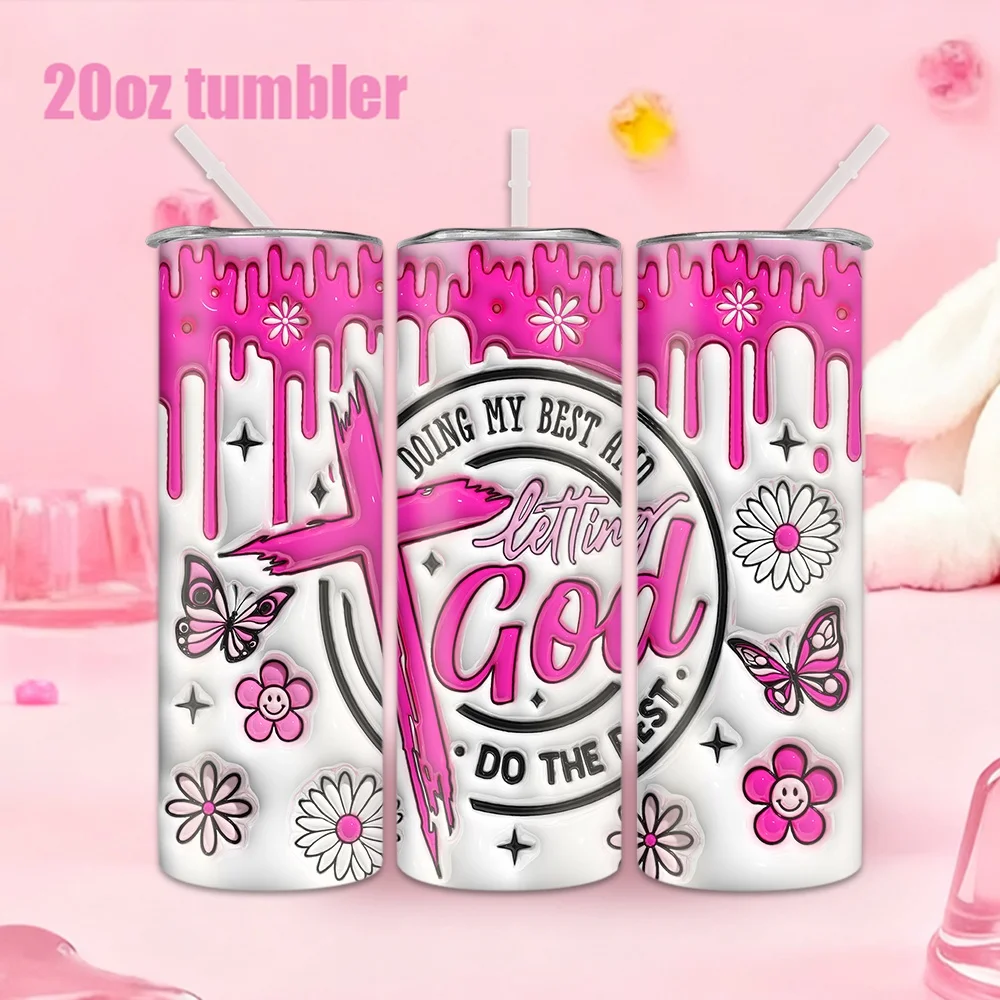 1 Stück 20oz Trinkflasche mit Strohhalm, rosa isolierter Edelstahl-Wasserbecher mit Kreuz-, Blumen- und Schmetterlingsmuster.