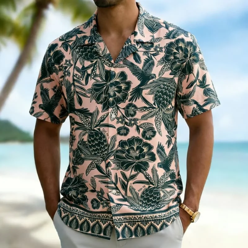 Men's Stylish Tropical Floral & Hummingbird Print Short Sleeve Shirt, Lightweight Comfort for Summer Party and Casual Looks