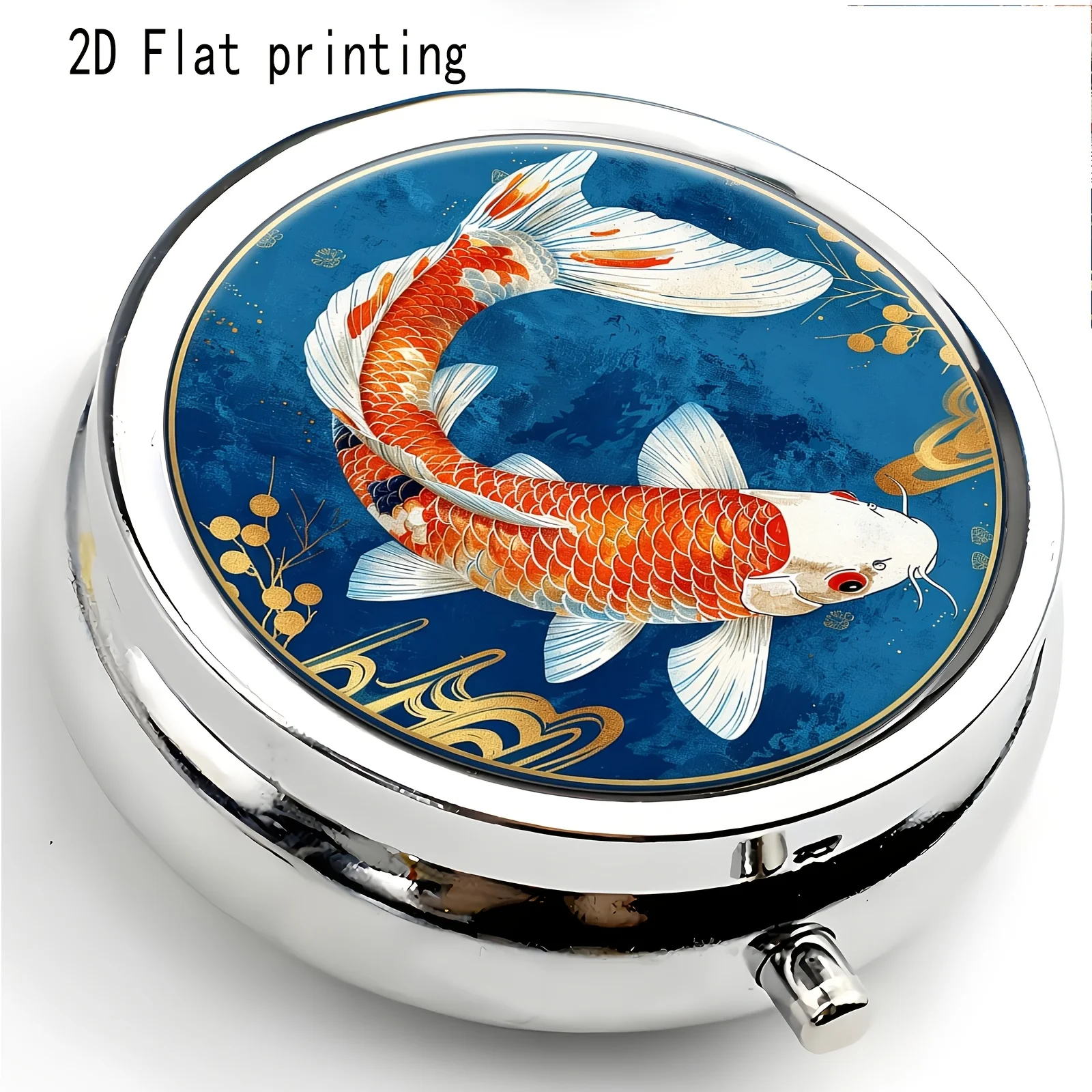 Single-pack flat-printed pill box with koi fish pattern, festive style, made of metal, suitable for various occasions, practical and portable, ideal for business trips, flat design
