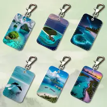 Maldives Scenery Art Rectangle Card Case Keychain Access Card Bag Key Tag Ring Leather Card Holder Key Ring Access