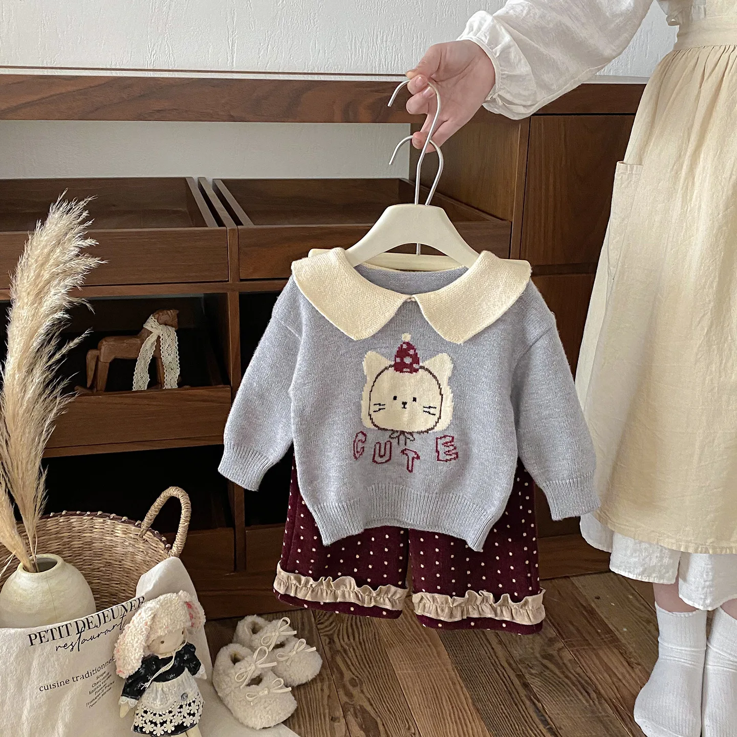 ensemble-de-vetements-d'hiver-pour-enfants-imprime-chat-epais-et-chaud-pull-pour-bebes-filles-a-pois-pantalon-en-polaire-pour-petites-filles