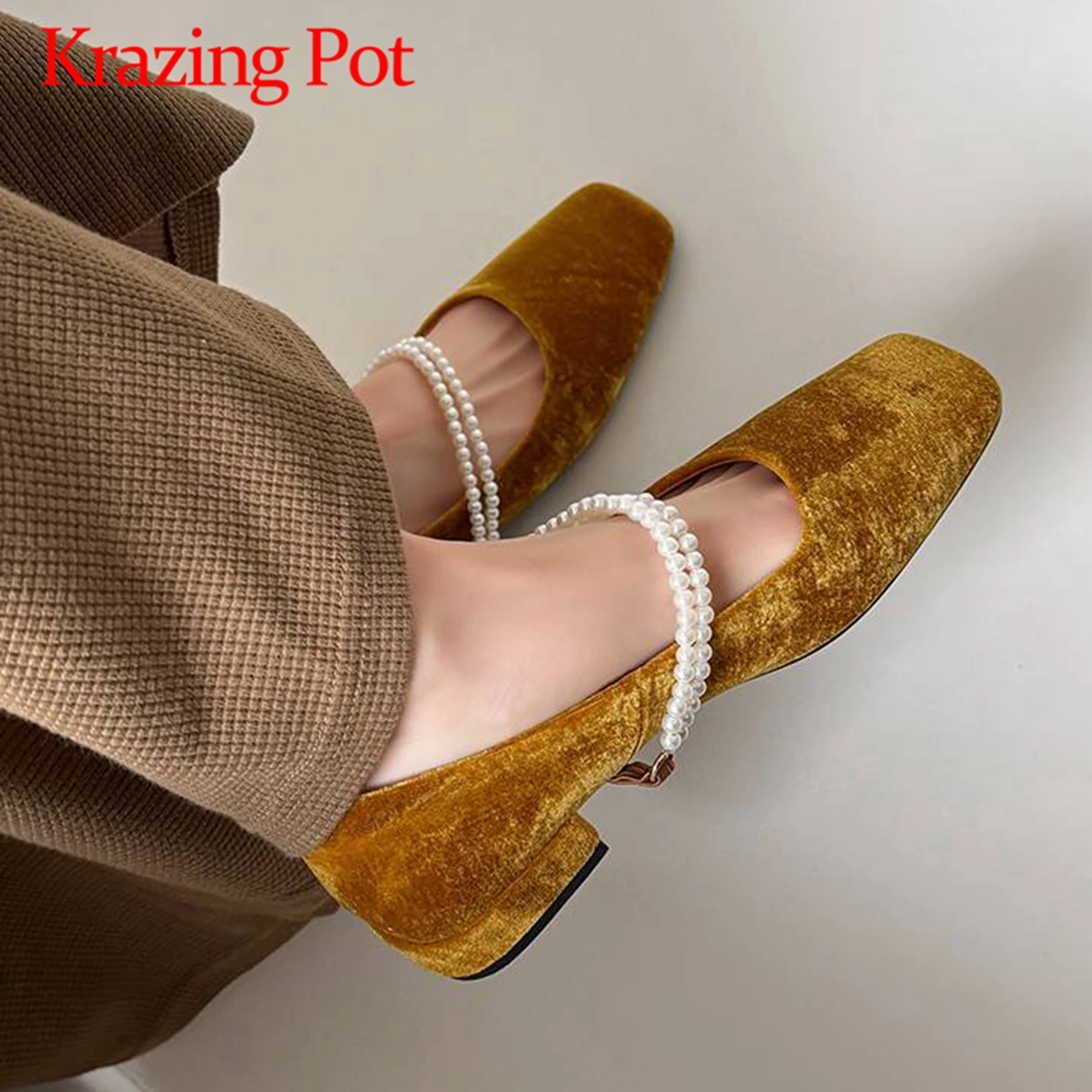 Krazing Pot Velvet Shoes Natural Leather Pearl Beading Chunky Low Heels Spring Fashion Square Toe Office Lady Luxury Women Pumps