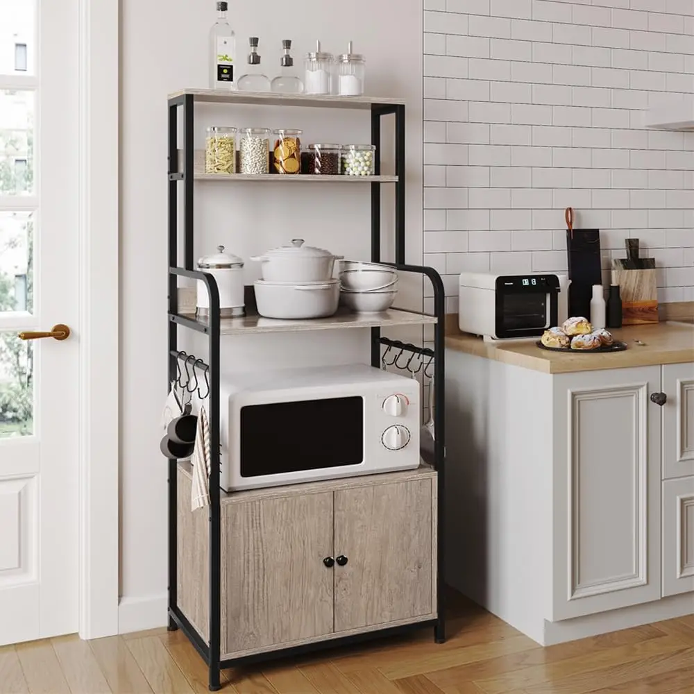 4-Tier Kitchen Bakers Rack with Cabinet, Microwave Stand, Coffee Bar Pantry, 8 Hooks, Freestanding Shelves Spice Rack in Gray